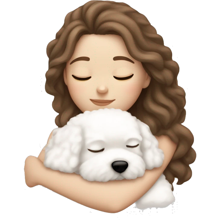White girl brown hair sleeping with Mini Bichon emoji