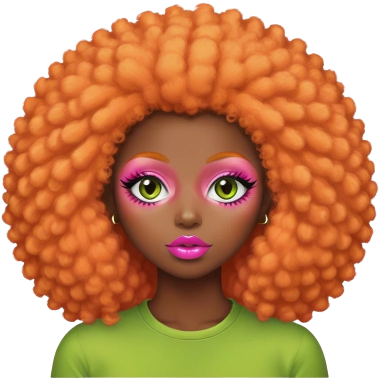 dark girl big pink lips big lashes big orange afro fluffy hair green shirt emoji