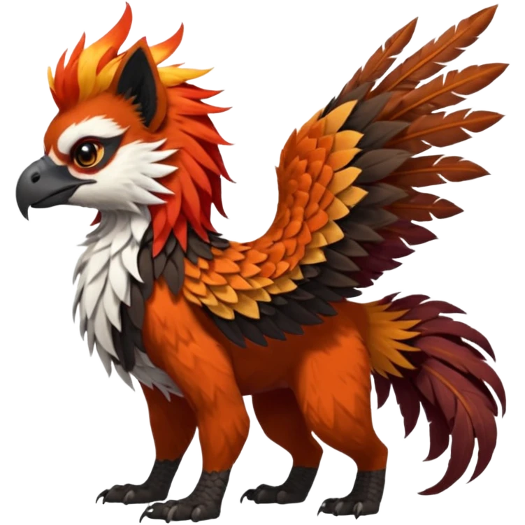 4-legged realistic scaly long-big-beaked Gryphon-Griffin-Griffsnuff-Talonflame-Red-Panda-Silvally-fusion-hybrid-animal-Fakémon-creature, full body, with a long thin tufted lion-tail emoji