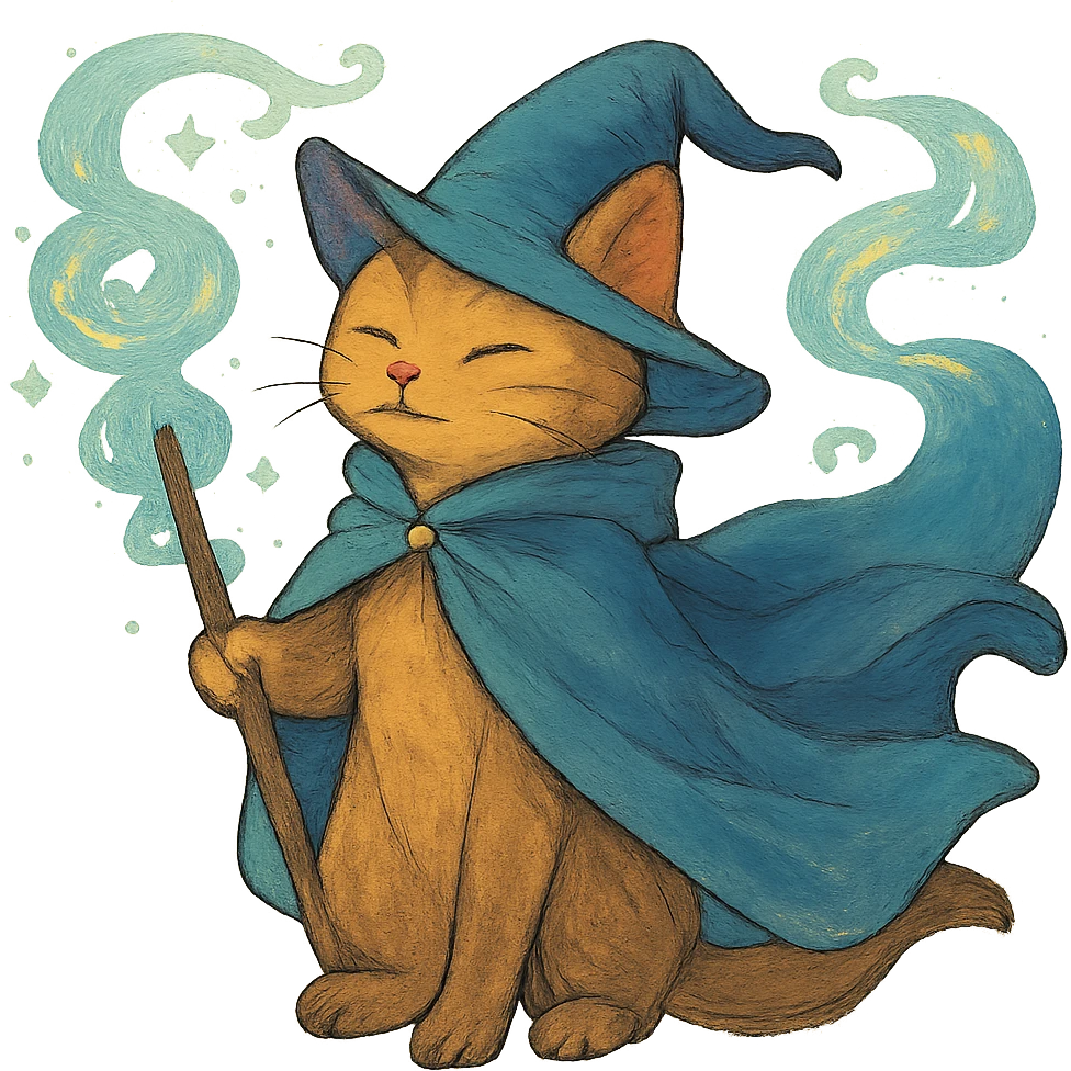ghibli style wizard cat with a flowing cloak and magical aura emoji