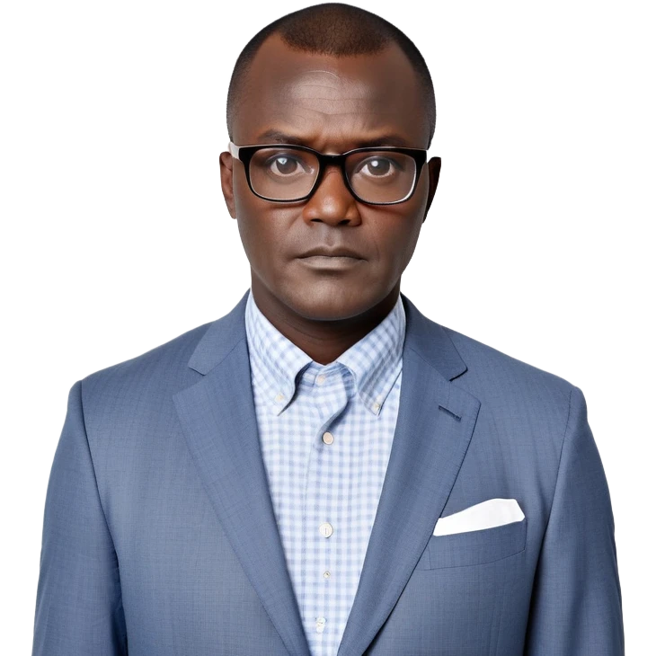 Larger 50-year-old man with extremely wide square face and prominent jawline. Full head of short straight dark hair with some gray, combed neatly to the side. Large dark square-framed glasses. Serious expression. Wearing a light gray blazer over a white button-up shirt with blue checkered pattern. emoji