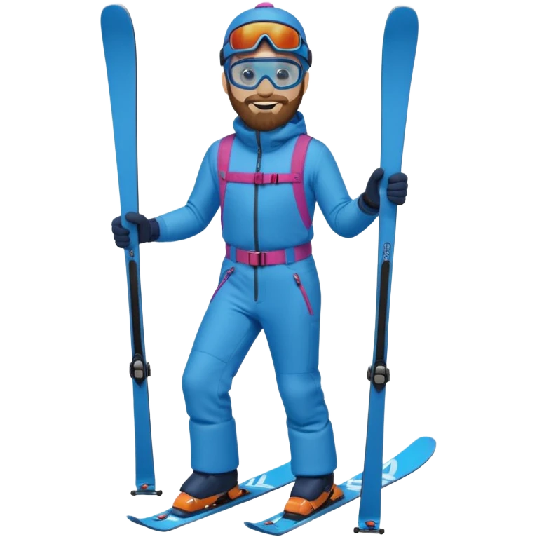 bearded man skiing down, blue outfit, smiling. full body view.  emoji