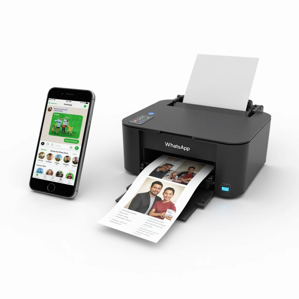 realistic thumbnail for a WhatsApp print out service, phone on the left displaying WhatsApp chat with image and document icons, printer on the right outputting printed photos and documents, white background emoji