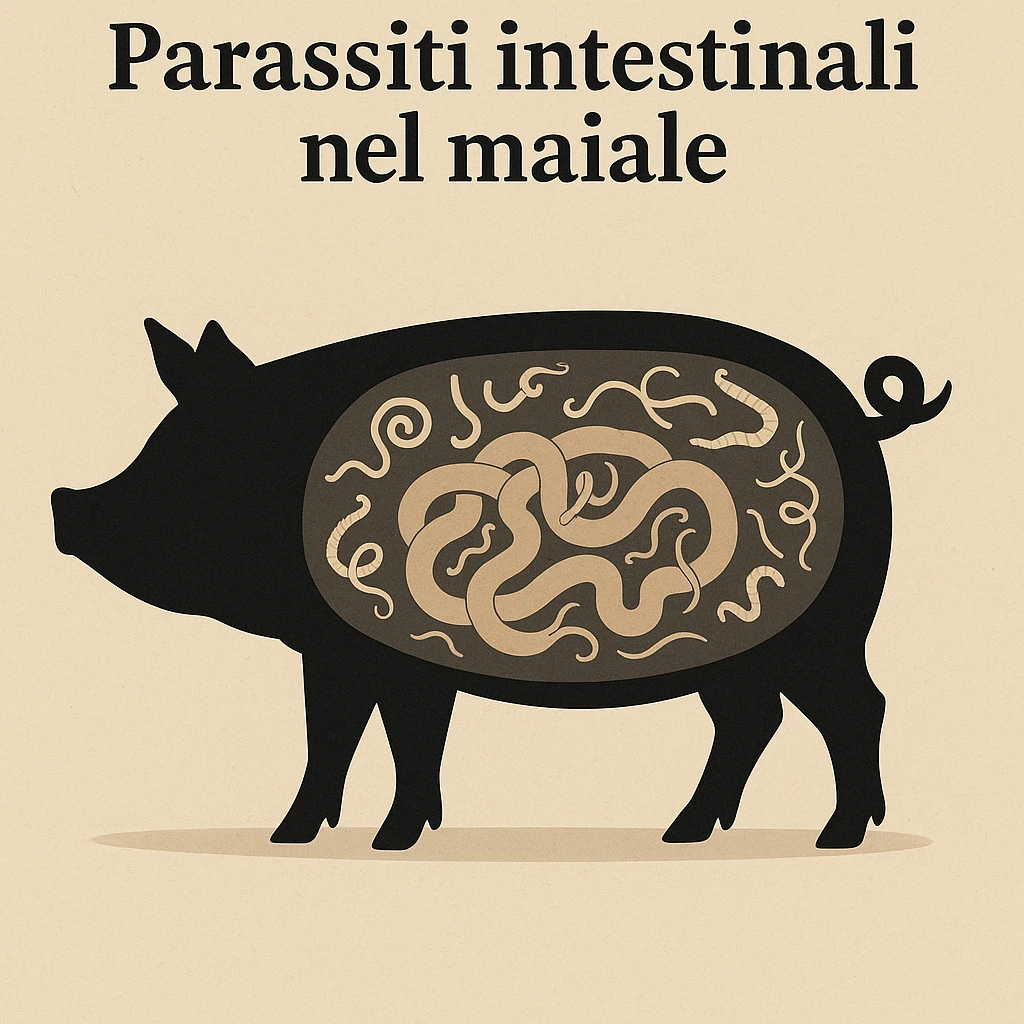 symbolic scene silhouette of a pig with intestine highlighted in transparency stylized parasites neutral background italian text 'Parassiti intestinali nel maiale' 4K quality emoji