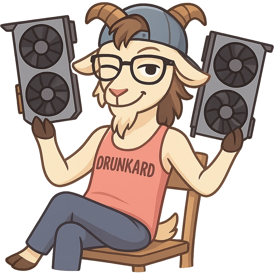 goat for Telegram stickers inspired by reference https://attic.sh/feoducyurkpqwz0la088soao98sx: wearing a cap, glasses, mullet hairstyle, pink drunkard tank top, sitting on a chair, holding a large video card in each hand at shoulder level, winking, pose like in the photo, clean lines, soft gradients. transparent background emoji