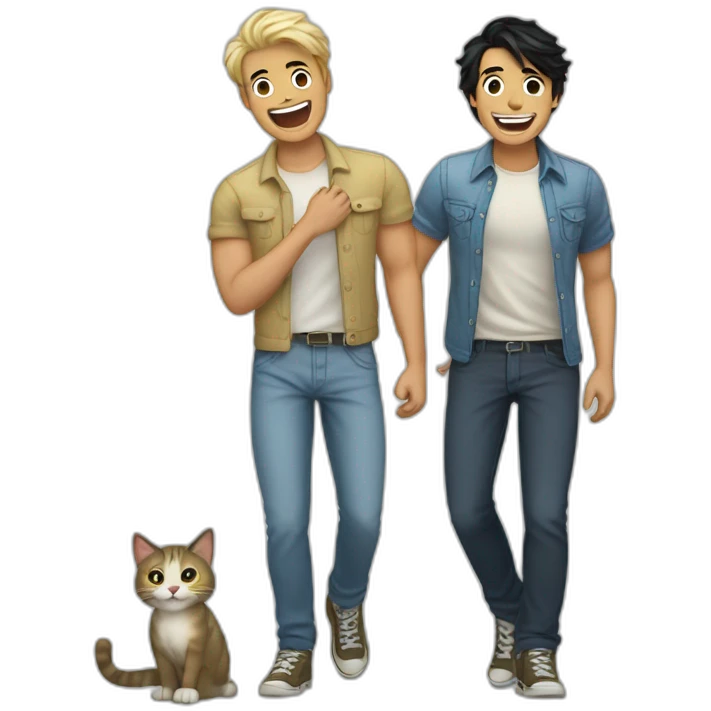 Gay couple, 1 guy Latino black hair and 1 Australian guy blonde hair with a cat laughing full body emoji