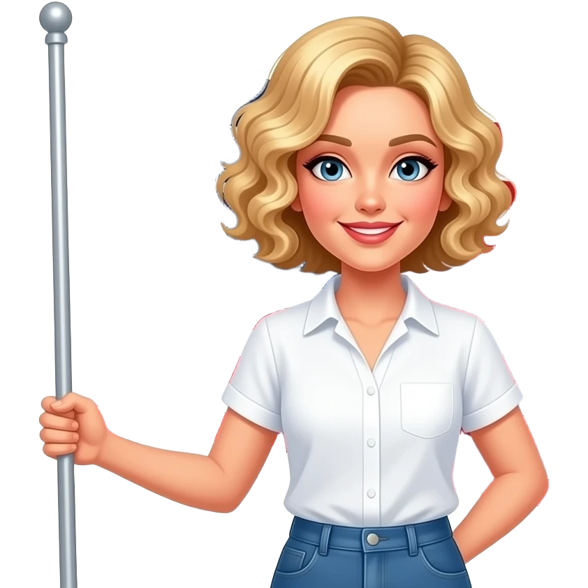 blonde tight curly hair in a short bob with a Happy 4 of July banner and a white short sleeve art blouse and a huge flag emoji