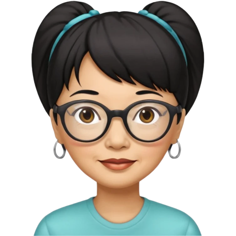 filipino woman black hair in one pony tail with straight bangs and big glasses, 60 yr old

 emoji