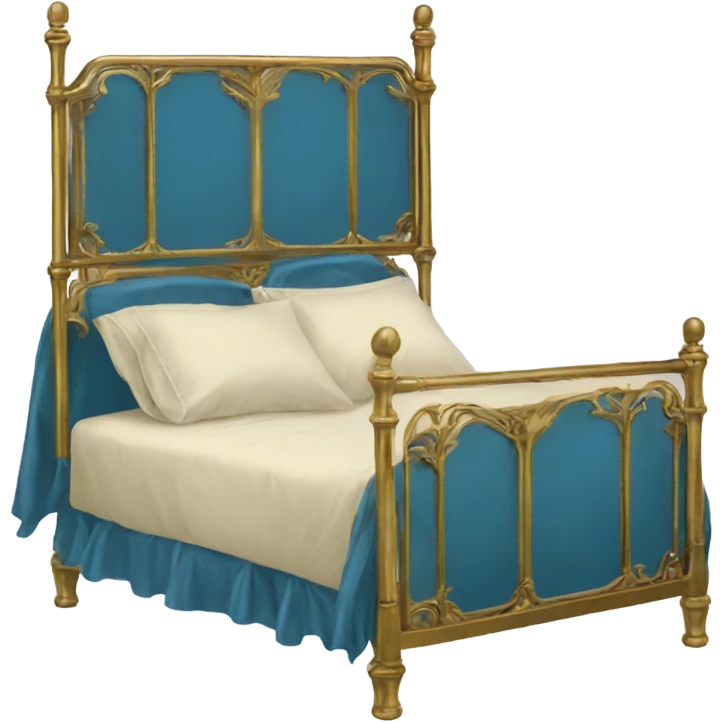 vintage bed with blue sheets and gold brass frame emoji