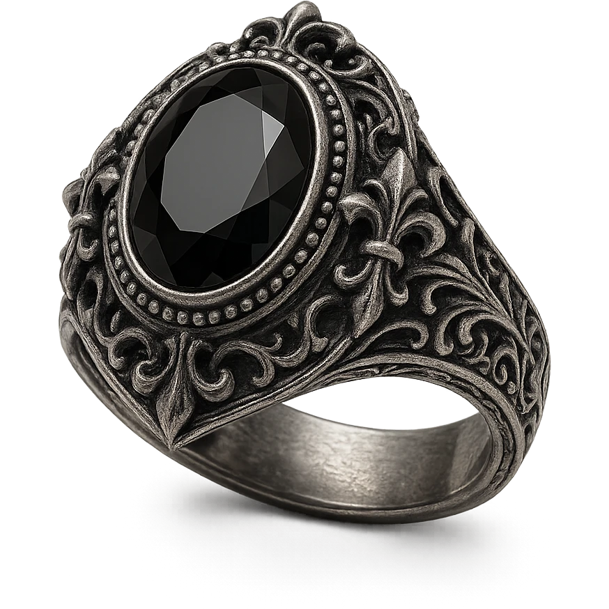 gothic ring in aristocrat goth style, silver, black stone, intricate design emoji