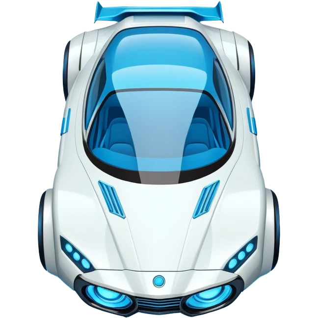 Top-down view of futuristic retro hover car with angular design and glowing blue wheels, flat vector style, minimal color palette with blue highlights emoji