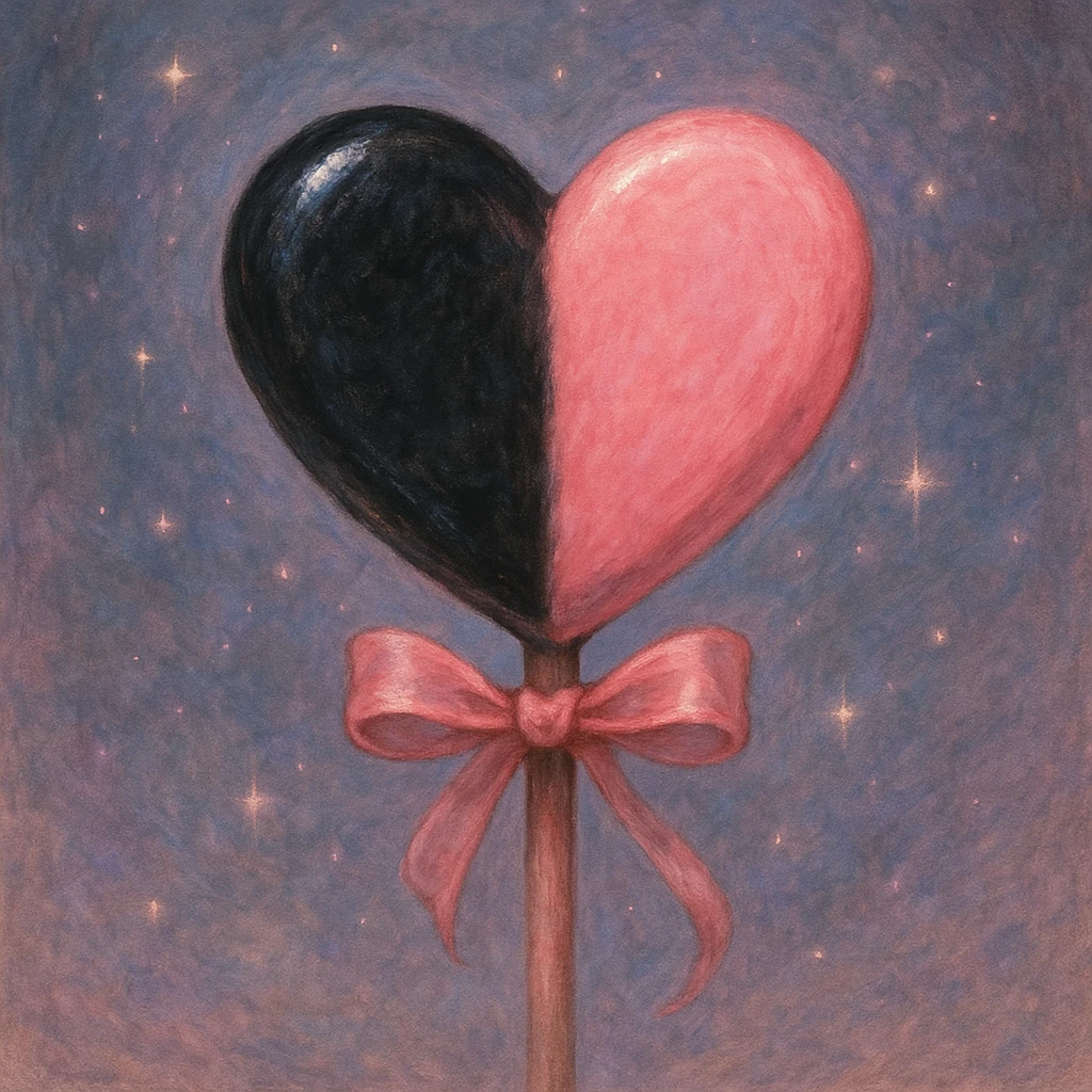 heart-shaped lollipop in black and pink, Ghibli style, soft painterly look, magical atmosphere, inspired by BLACKPINK emoji
