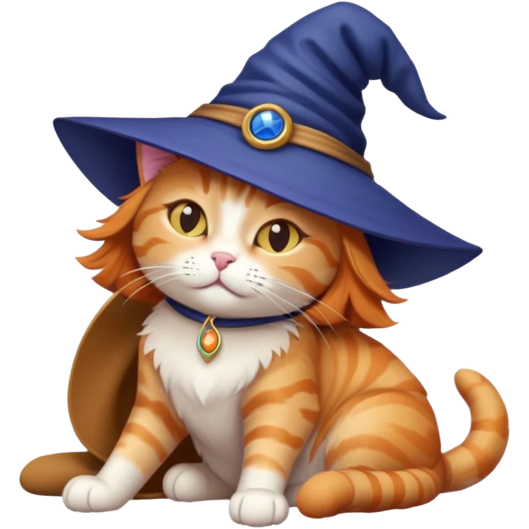 full body ginger tabby cat flopped over on her side wearing an indigo witch hat emoji