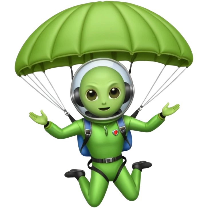 Skydiving alien with parachute and UFO emoji