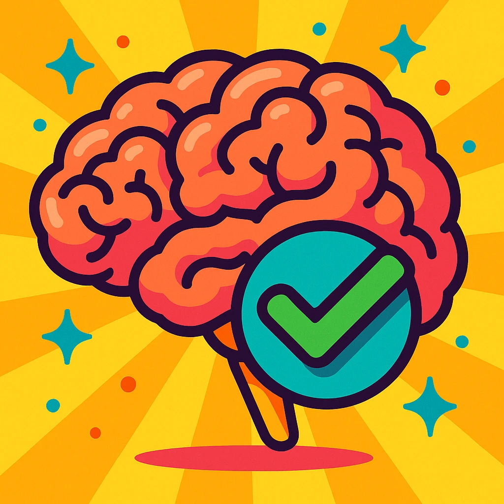 brain with a checkmark overlay, showing successful problem solving, vibrant cartoon style emoji