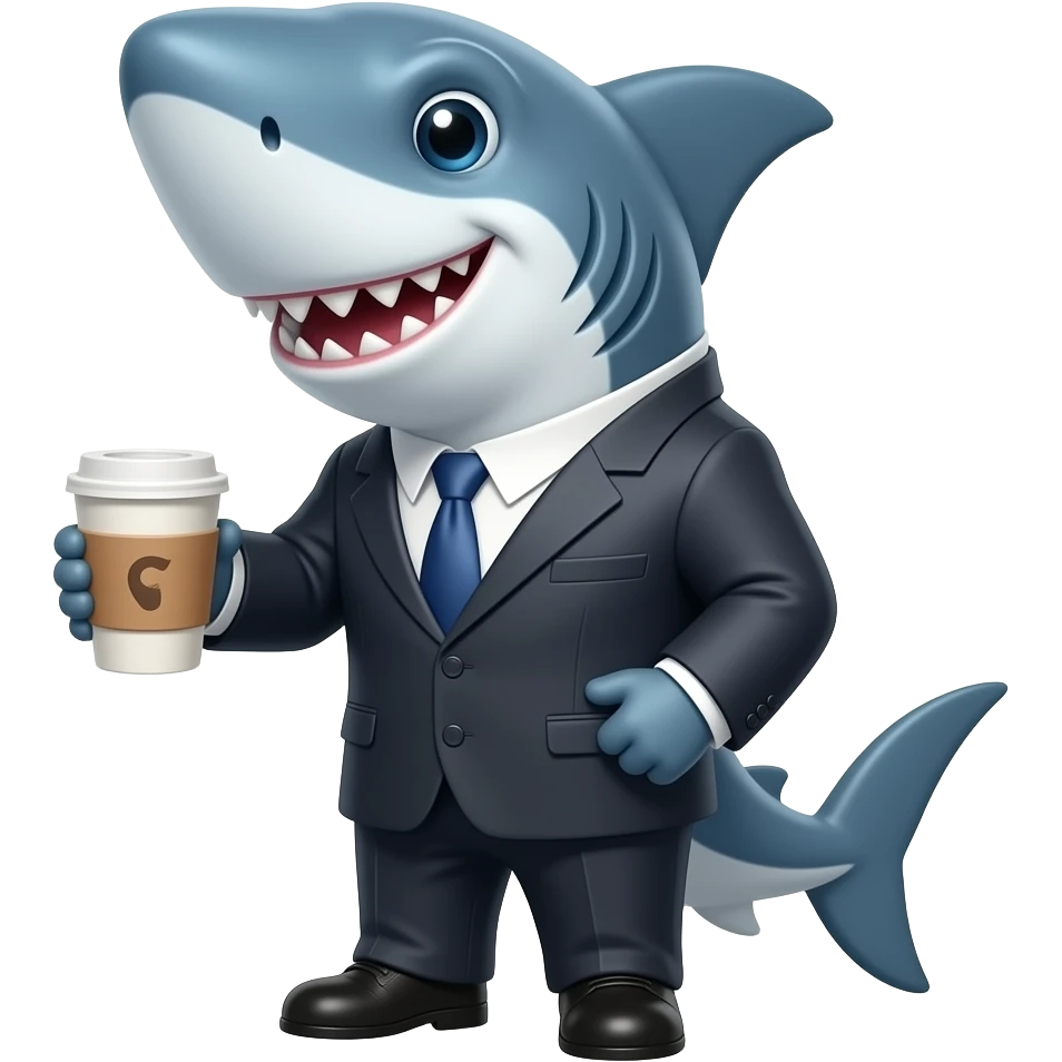 Shark with a suit on and coffee emoji