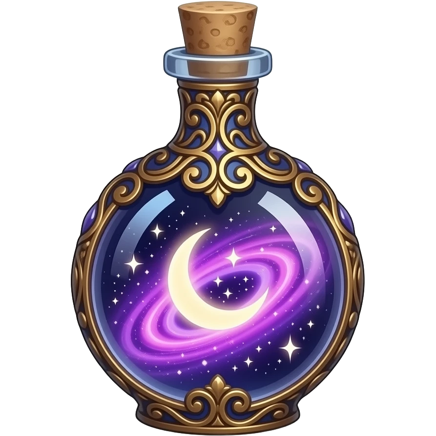 ornate glass vial with metallic filigree, swirling cosmic nebula inside, glowing purple‑pink‑blue light, crescent moon and tiny stars suspended in liquid, ethereal magical atmosphere emoji