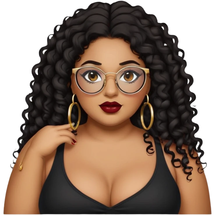 big plus size, latina, darker tan skin, gold hoops, long black curly hair, baddie,pretty, makeup, dark red lipgloss, black eyeliner, long hair, black top, black glasses emoji
