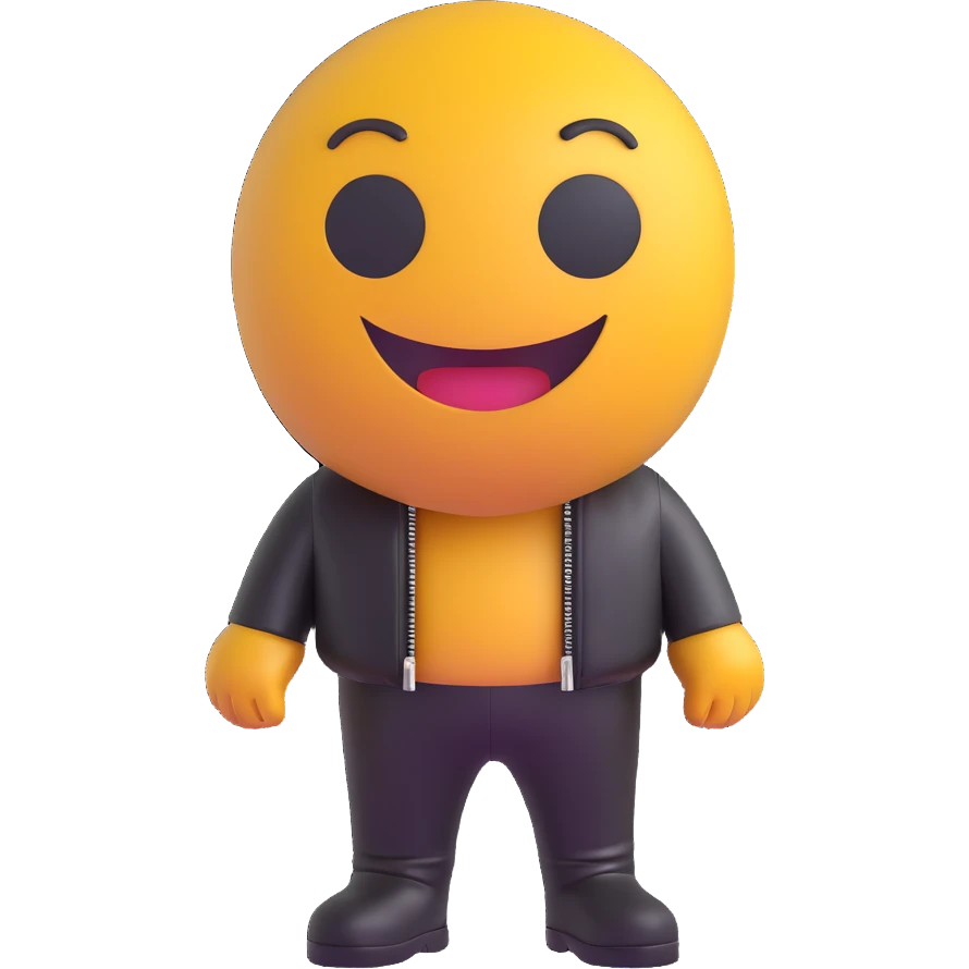 3D smiley emoji, round shape, motorcyclist in leather pants: leather pants, leather jacket, funny face emoji