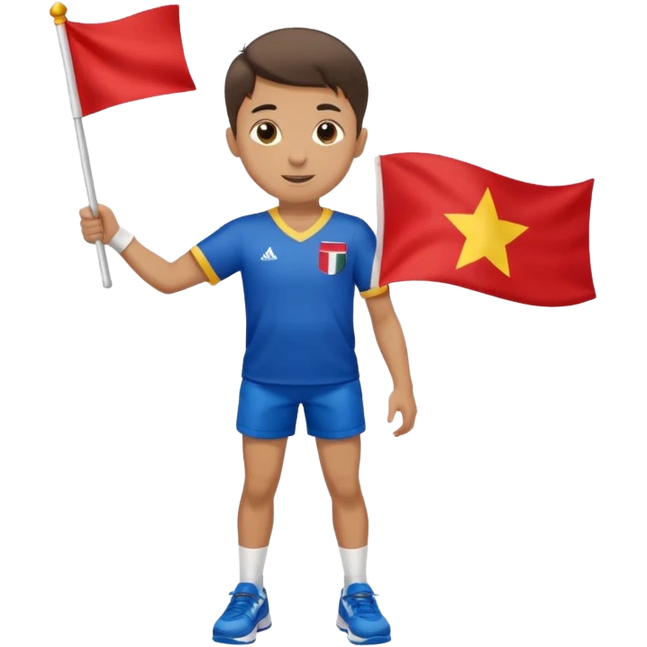 A boy in a jersey, excitedly lifting a small handheld flag and shorts with simple sport shoes emoji