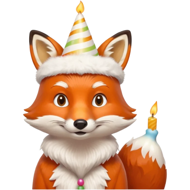 A fox wearing a birthday hat, joyfully blowing candles, portrait, bust up emoji