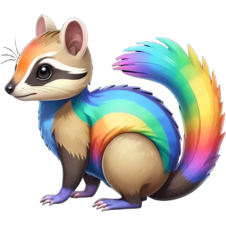 Colorful black and rainbow-iridescent Cacomistle-Numbat-Ferret-hybrid-fusion-animal-creature, full body  emoji