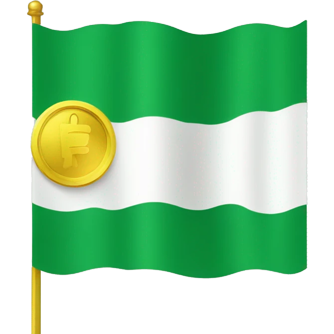 The flag design is a green field charged with a yellow coin containing white text. Green represents peace, gold represents prosperity, and white represents purity. emoji