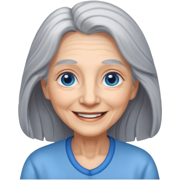 an elderly woman with long, grey hair and a smiling face with blue eyes emoji