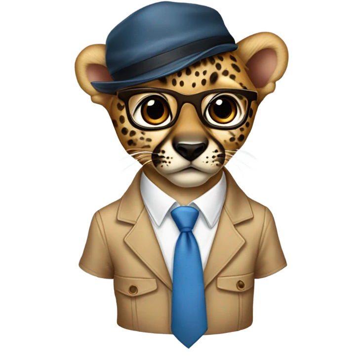 baby cheeta in a brown backward cap, brown-lens glasses, wearing white shirts, blue neck-tie emoji