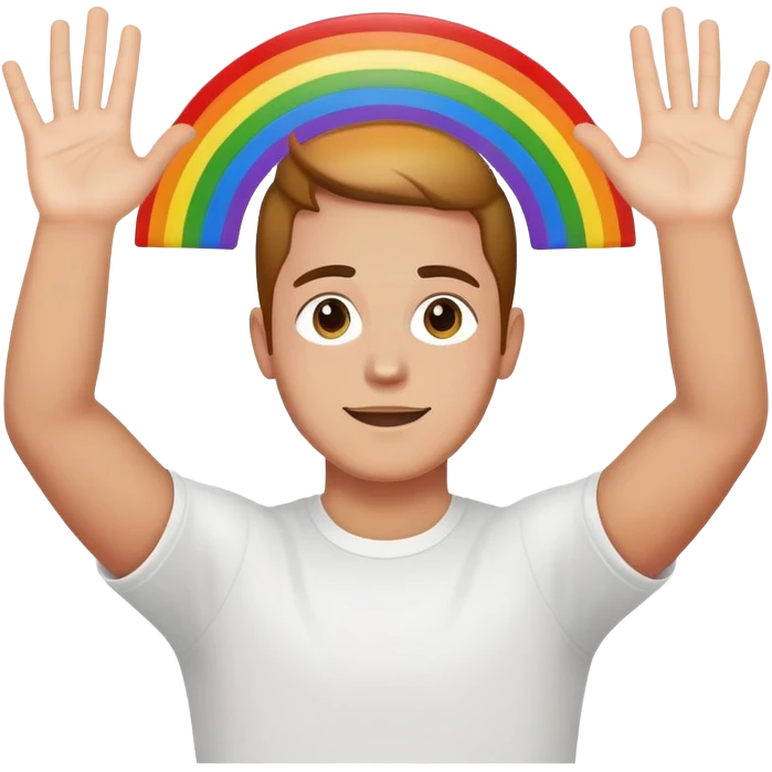 Man with hands up, Rainbow between hands, with "it's a cult" between the rainbow emoji