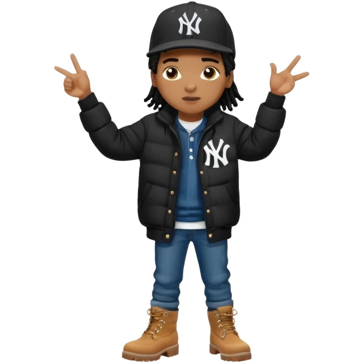 African American boy with short black dreadlocks wearing a black New York Yankees logo baseball cap wearing a black bubble winter coat wearing denim skinny jeans and timberland boots with hands pointing out at someone emoji
