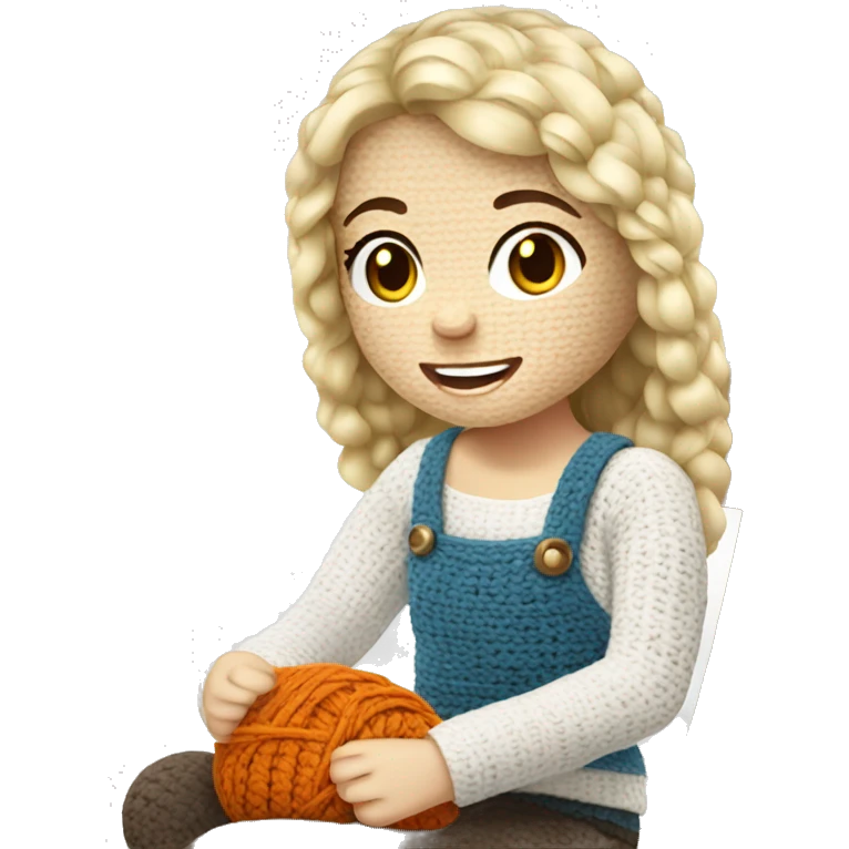 white blond Girl sitting doing crochet emoji