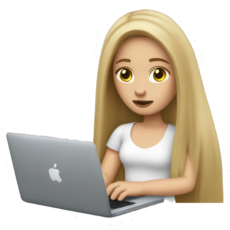 Girl with long dark blonde hair and white skin working with a MacBook. She is tired   emoji