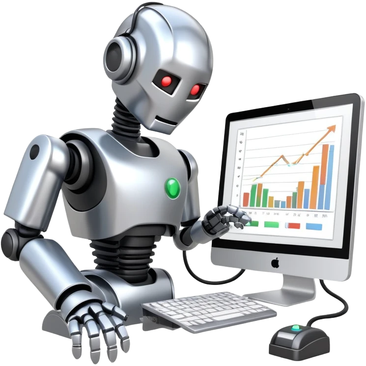 a robot plugged into a computer with charts on it running diagnostics emoji