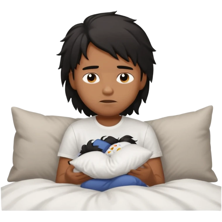 generate a pretty bratz brown skinned boy with black messy long hair wearing a white tshirt sitting in his in bed. Looking sleepy emoji