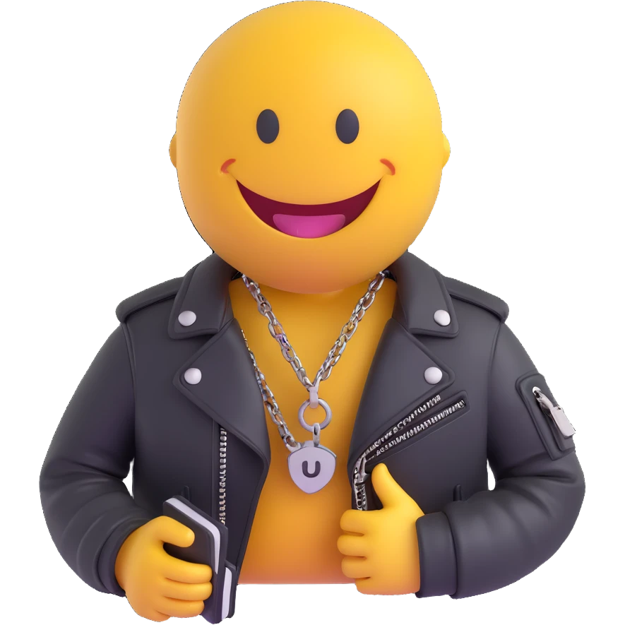 3D smiley emoji, round shape, motorcyclist with chain wallet: chain wallet, leather jacket, smiling face emoji