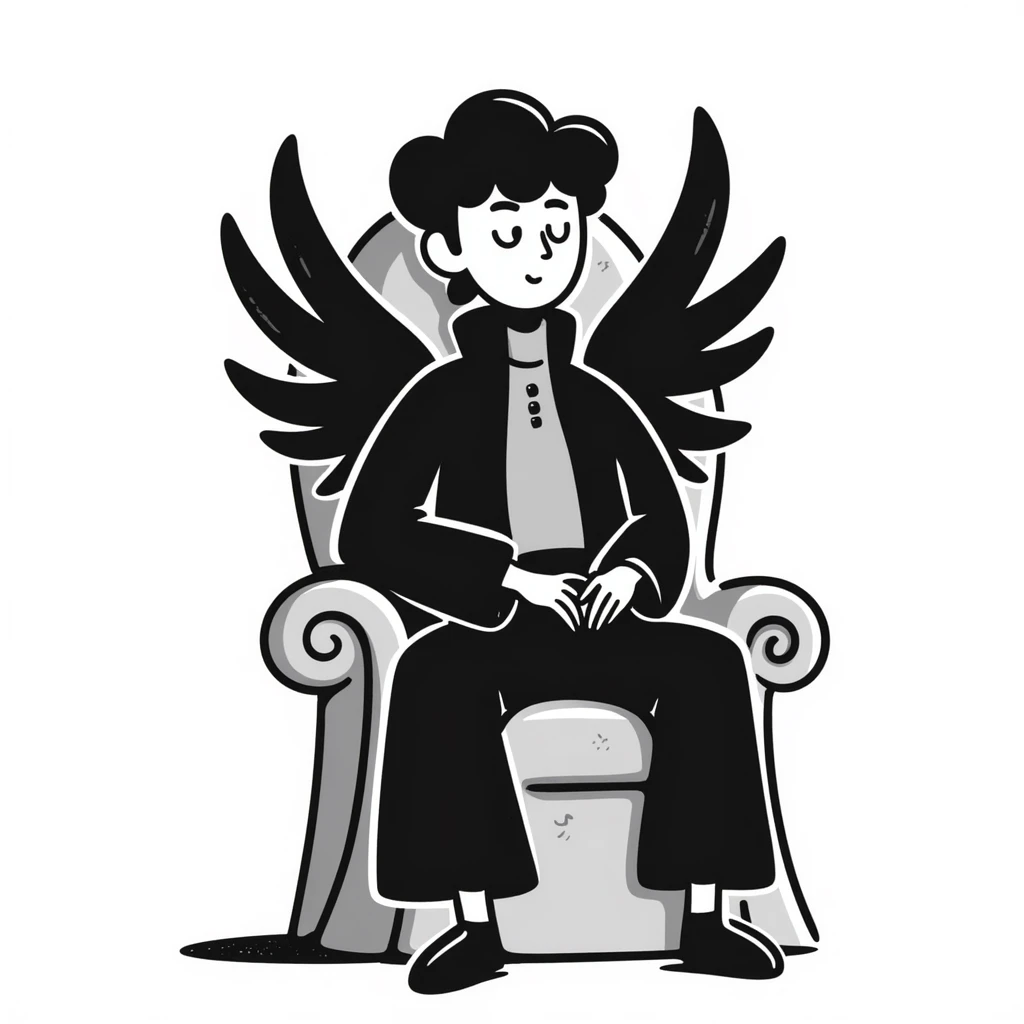male fallen angel sitting on a throne at the top, looking down, doodle style emoji