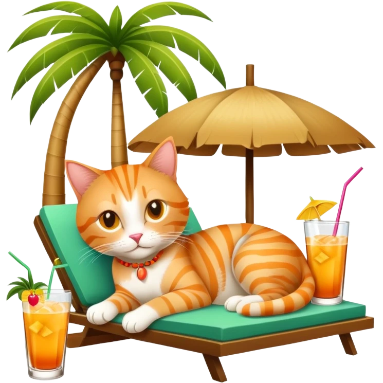 Orange tabby cat lounging under a palm tree with a mai tai tropical drink emoji
