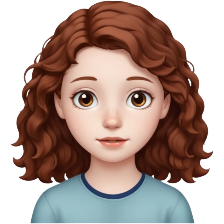 15 year old girl with pale skin, dark freckles, rosy cheeks, and wavy brown hair. emoji