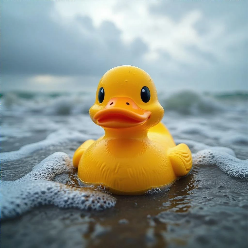 Extreme Closeup shot of Yellow duck toy on ocean during cloudy day, stormy sea, Camera from top, inspired by interstellar emoji