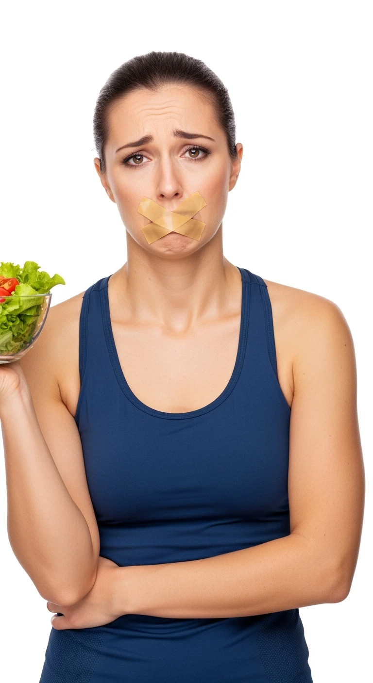 donna fitness con insalata in mano ed espressione molto triste e stanca, scotch a croce sulla bocca, sfondo bianco emoji