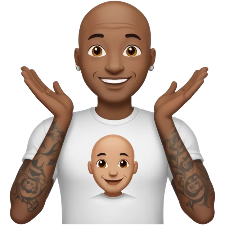 bald black man with bold full face tattoos, happy face, wearing a t-shirt emoji