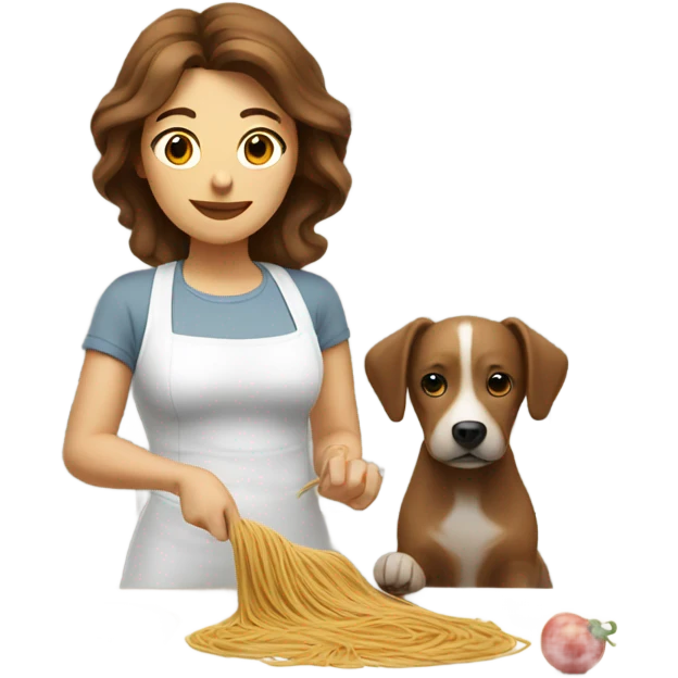Woman making spaghetti with brown hair and a small white dog emoji