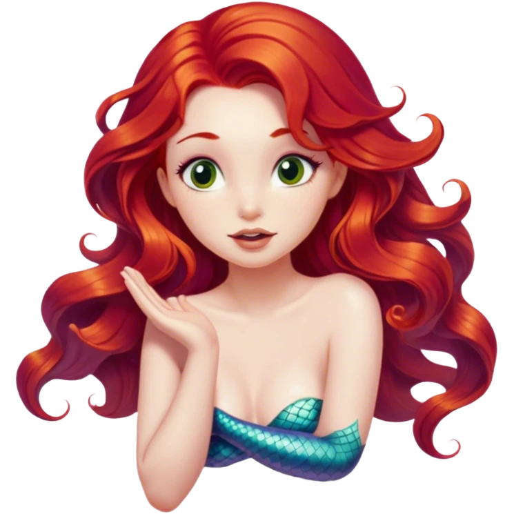 Cinematic Realistic Red Hair Mermaid Portrait, head tilted playfully and inquisitively, showcasing an ethereal form with finely detailed, flowing red hair against luminous porcelain skin. Her bright, curious eyes sparkle like hidden gems beneath the gentle caress of underwater light, rendered with lifelike clarity and warm, filtered illumination—capturing the essence of a spirited mermaid ready to splash playfully into your imagination. emoji