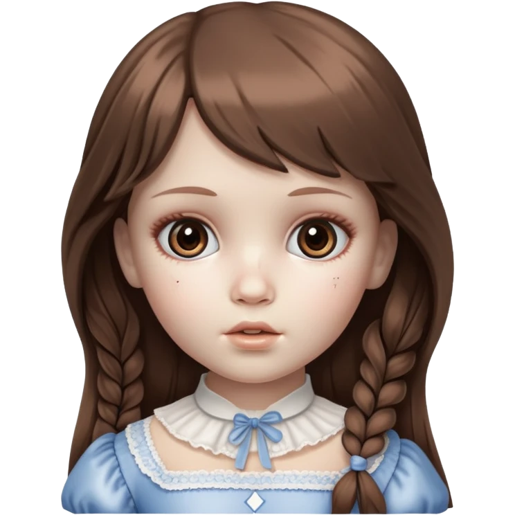 porcelain doll pretty but creepy with a cracked face, long brown hair and side bangs.  emoji