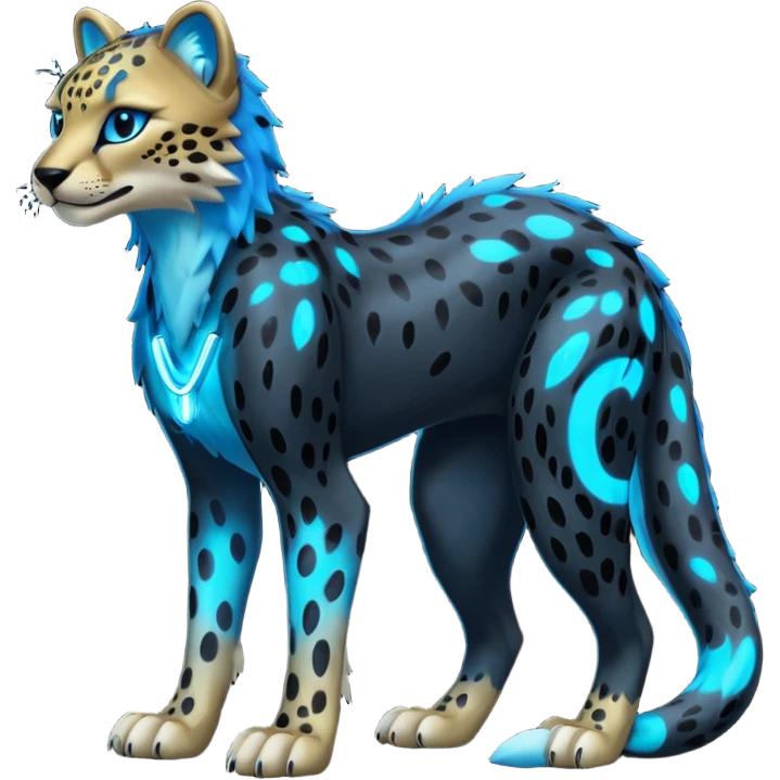 Obsidian-black fur body with bioluminescent neon glowing blue ring-markings Grem2-Gremz-Cheetah-Sergal-fusion, full body  emoji