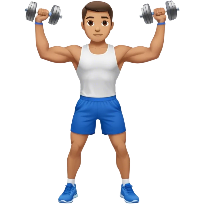 man with blue shorts doing side-lateral raise (T pose) with light dumbbells emoji