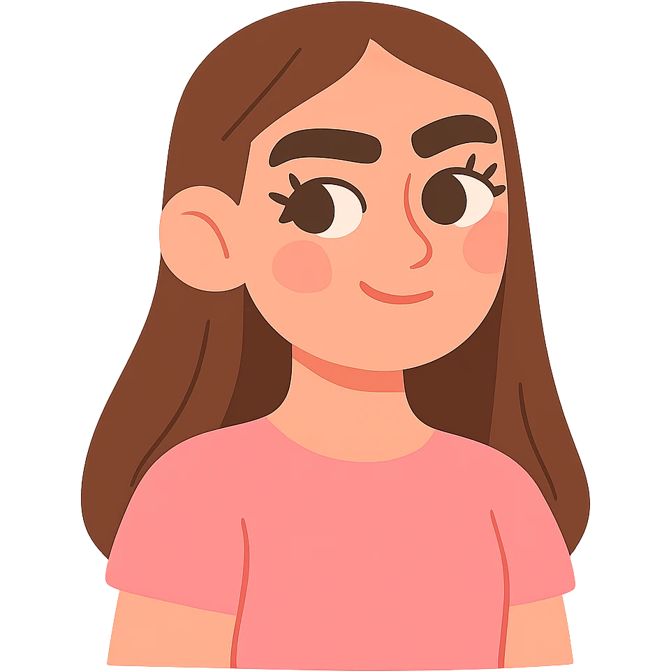 pastel toon style pretty girl with thick eyebrows, straight brown hair and brown eyes, curled eyelashes emoji