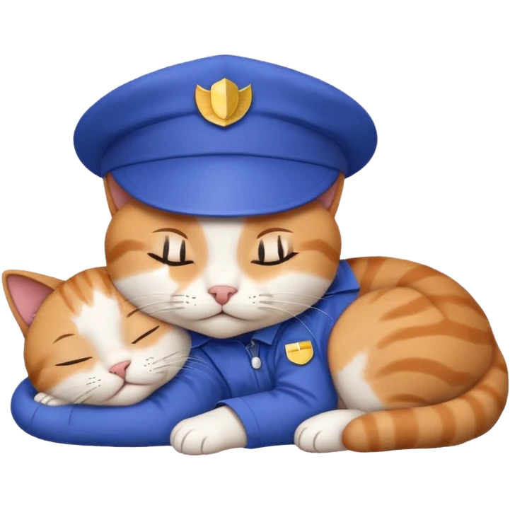 emoji of sleeping cat, its pose is lying, it has on his head FedEx uniform cap, blue color emoji
