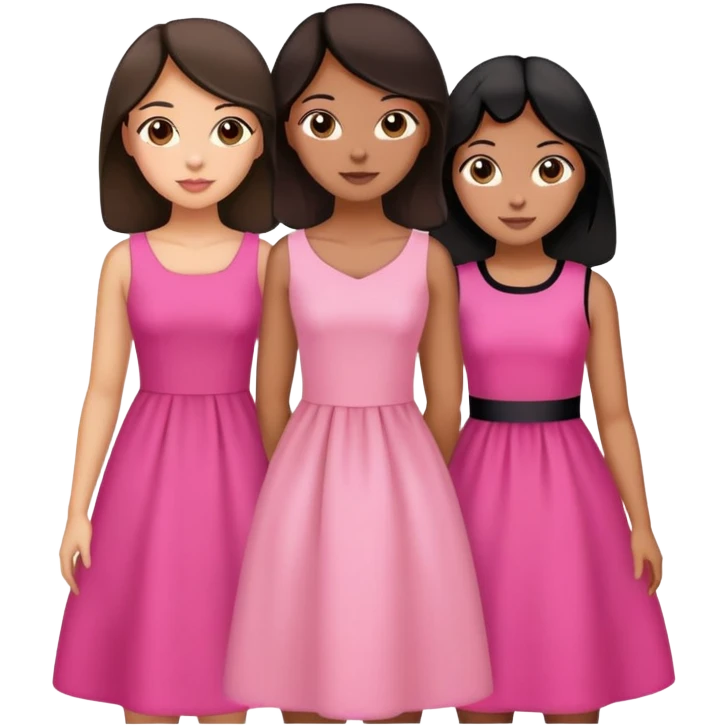 Three sisters hug, light skin with dark brown hair, tan skin black hair, tan skin dark brown hair, pink dresses emoji